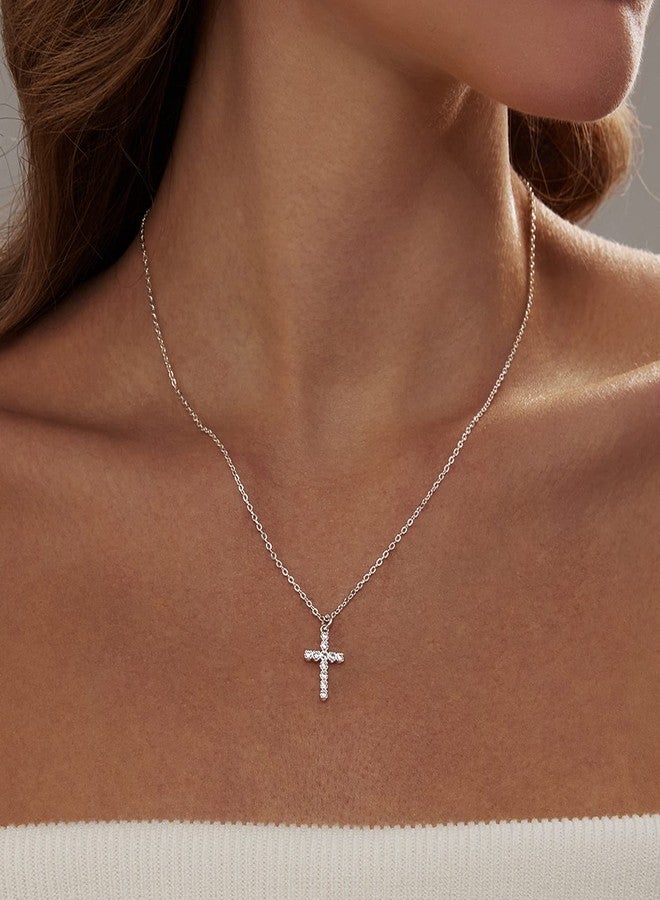 Zeffy Cross Necklace for Women Silver Plated Cubic Zirconia Tiny Cross Pendant Necklace for Women Simple Layered Cross Necklaces for Women - Image 2